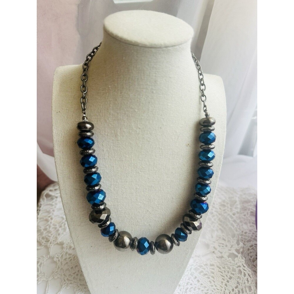 Blue Faceted Glass Beaded Gunmetal Tone Statement Necklace Adjustable